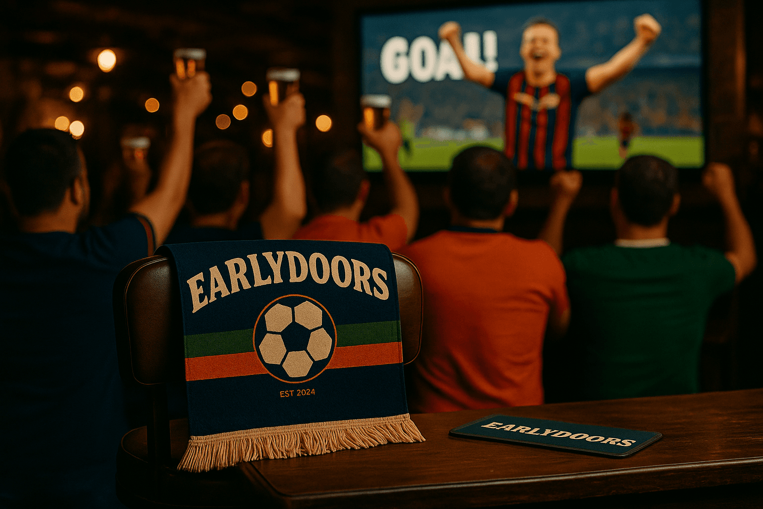 Fans celebrating in a cozy pub