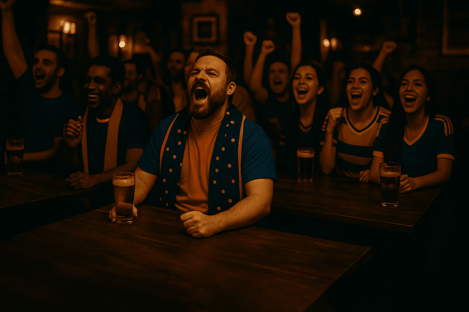 Football fans cheering in a pub